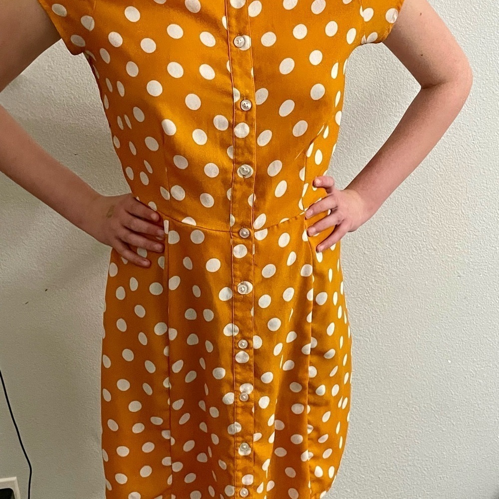 City Streets 50’s Retro Vintage Style Collared Gold Polka Dot Dress Medium - Picture 6 of 9